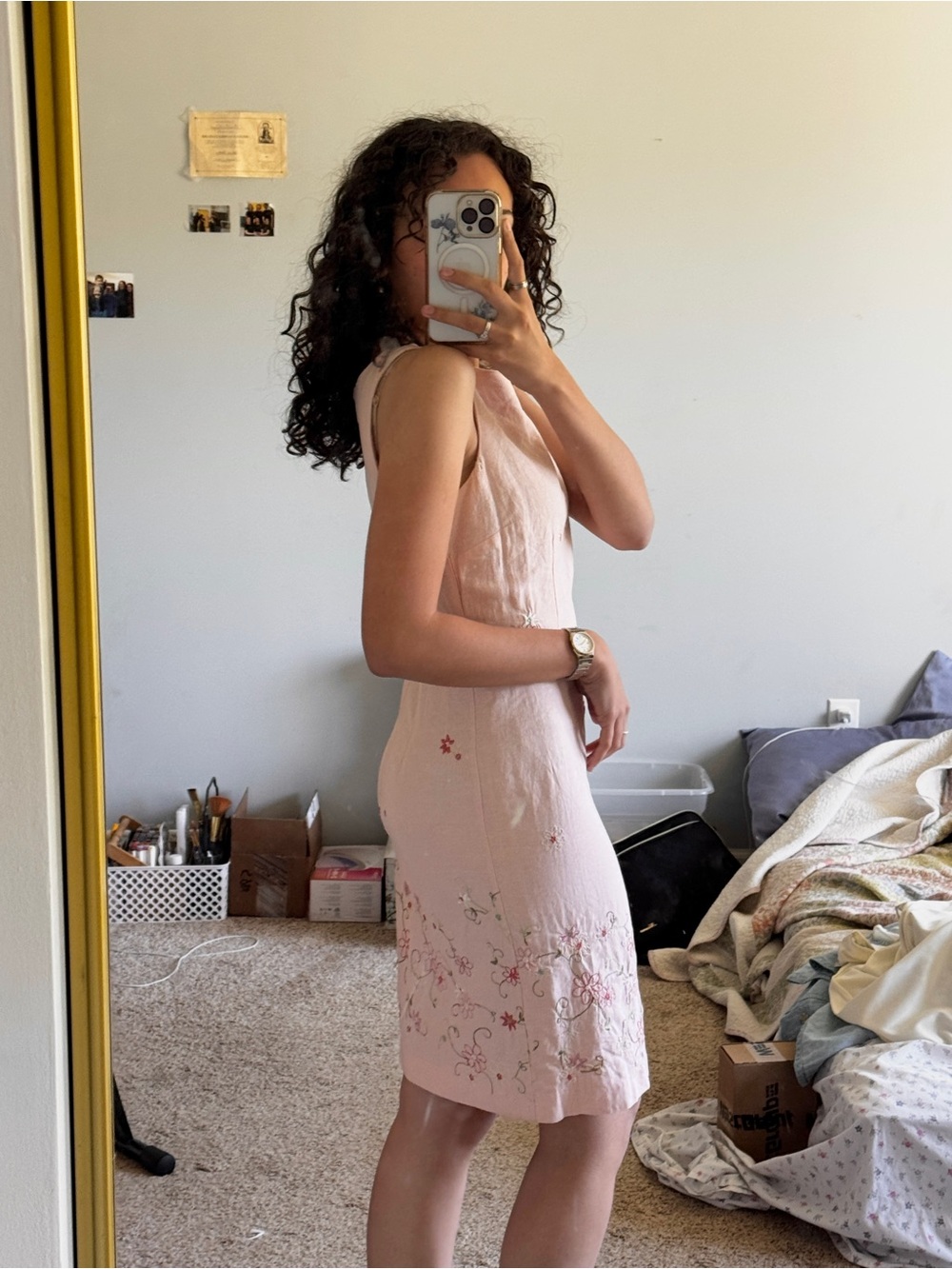 Vintage Linen Light Pink Embroidered Midi Dress - Picture 3 of 8